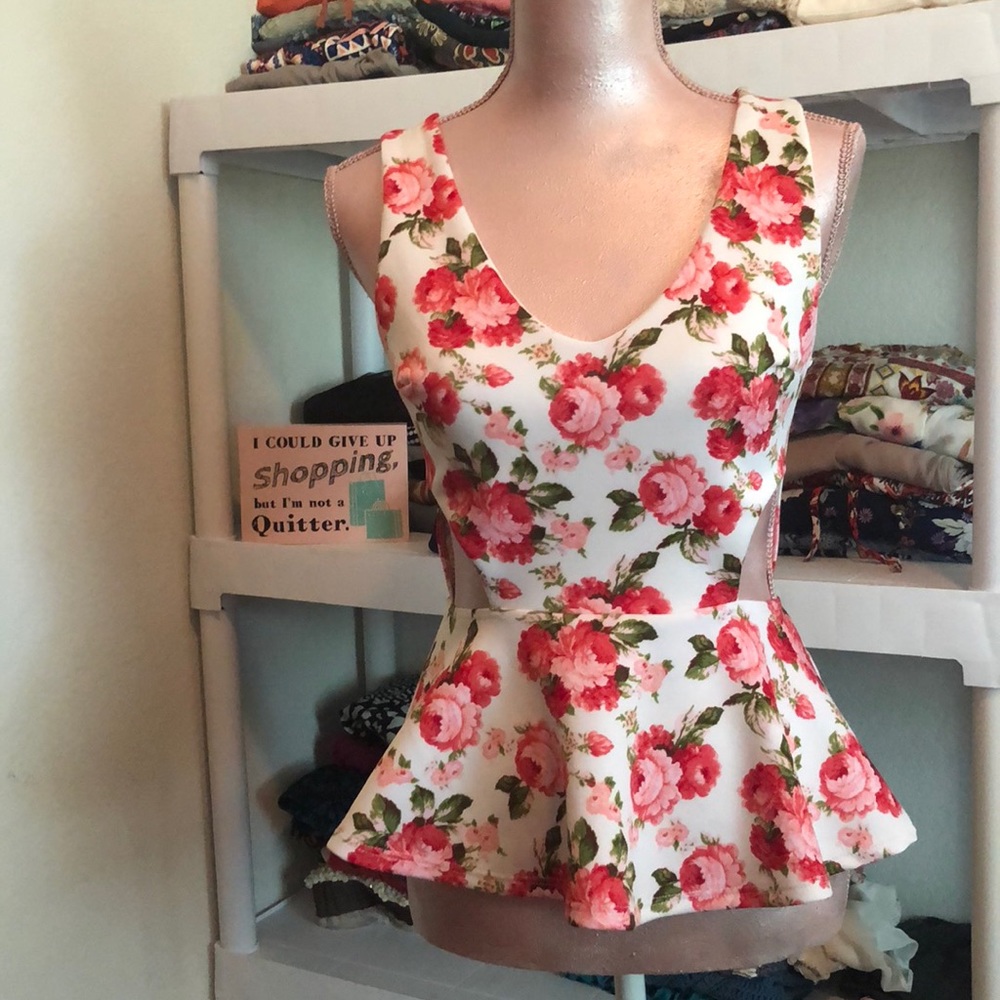 BOGO 50% off! Pink white floral cutout peplum top
